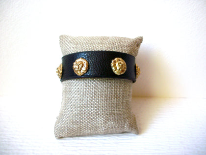 Vintage YIK FUNG Adjustable Black Leather Snap Band Bracelet Lion Head Bracelet 60116