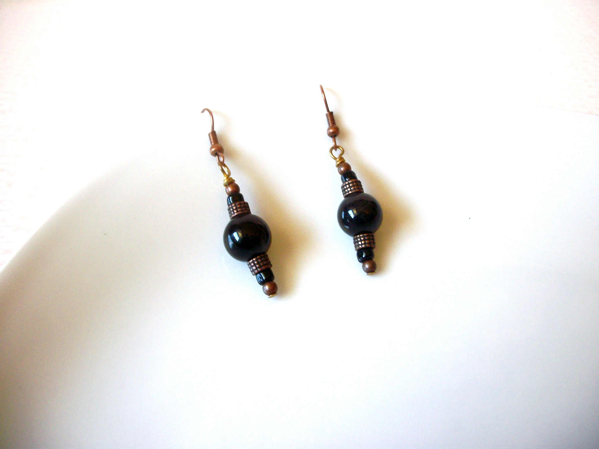 Vintage Black Glass Copper Dangle Earrings 121816