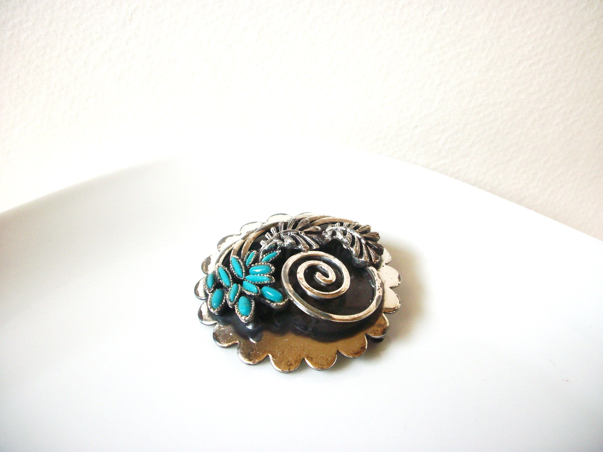 Vintage Blackened Silver Toned Native American Brooch Pin 82017