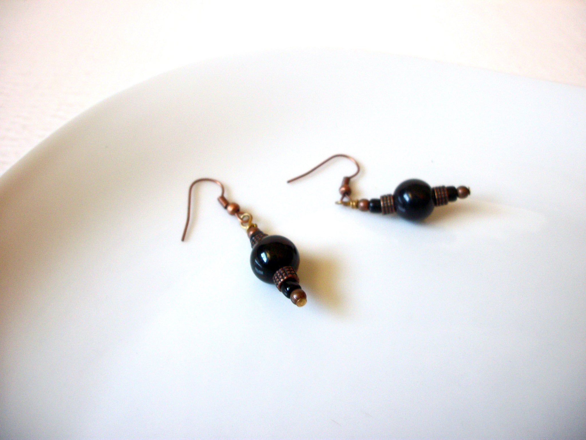 Vintage Black Glass Copper Dangle Earrings 121816