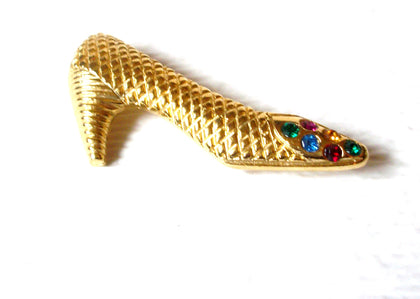 Vintage Gold Toned Colorful Rhinestone Shoe Brooch 31817