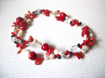 Vintage Red Dyed Shell Glass Pearl Black Onyx 20' Necklace 122916