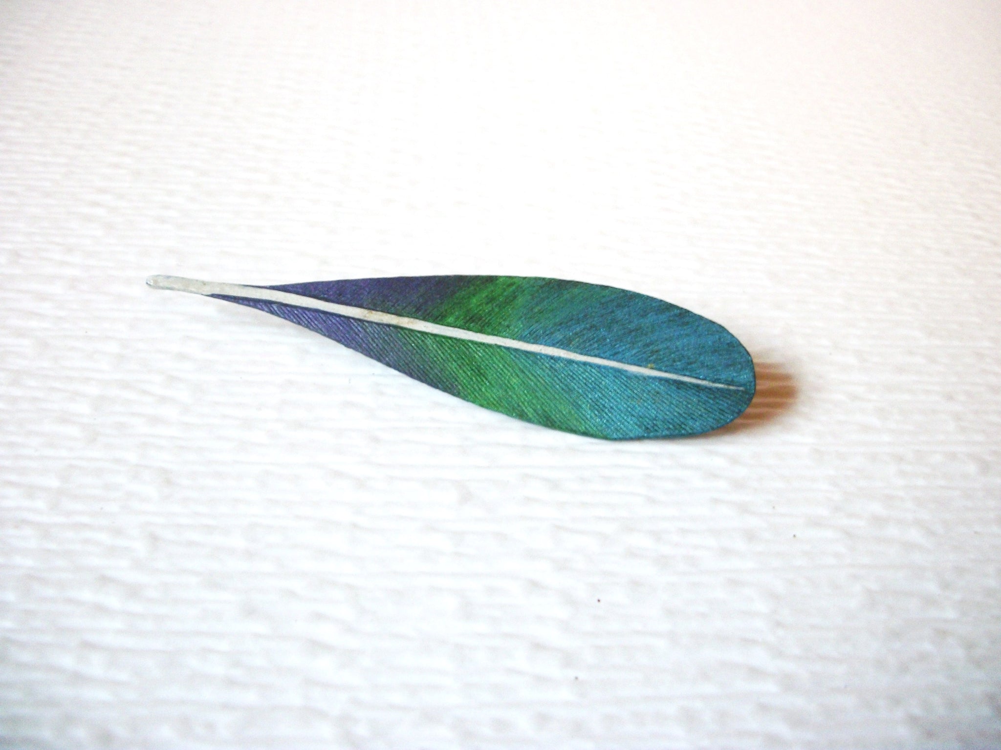 Hand Painted 2005 Wood feather Brooch Pin 123116