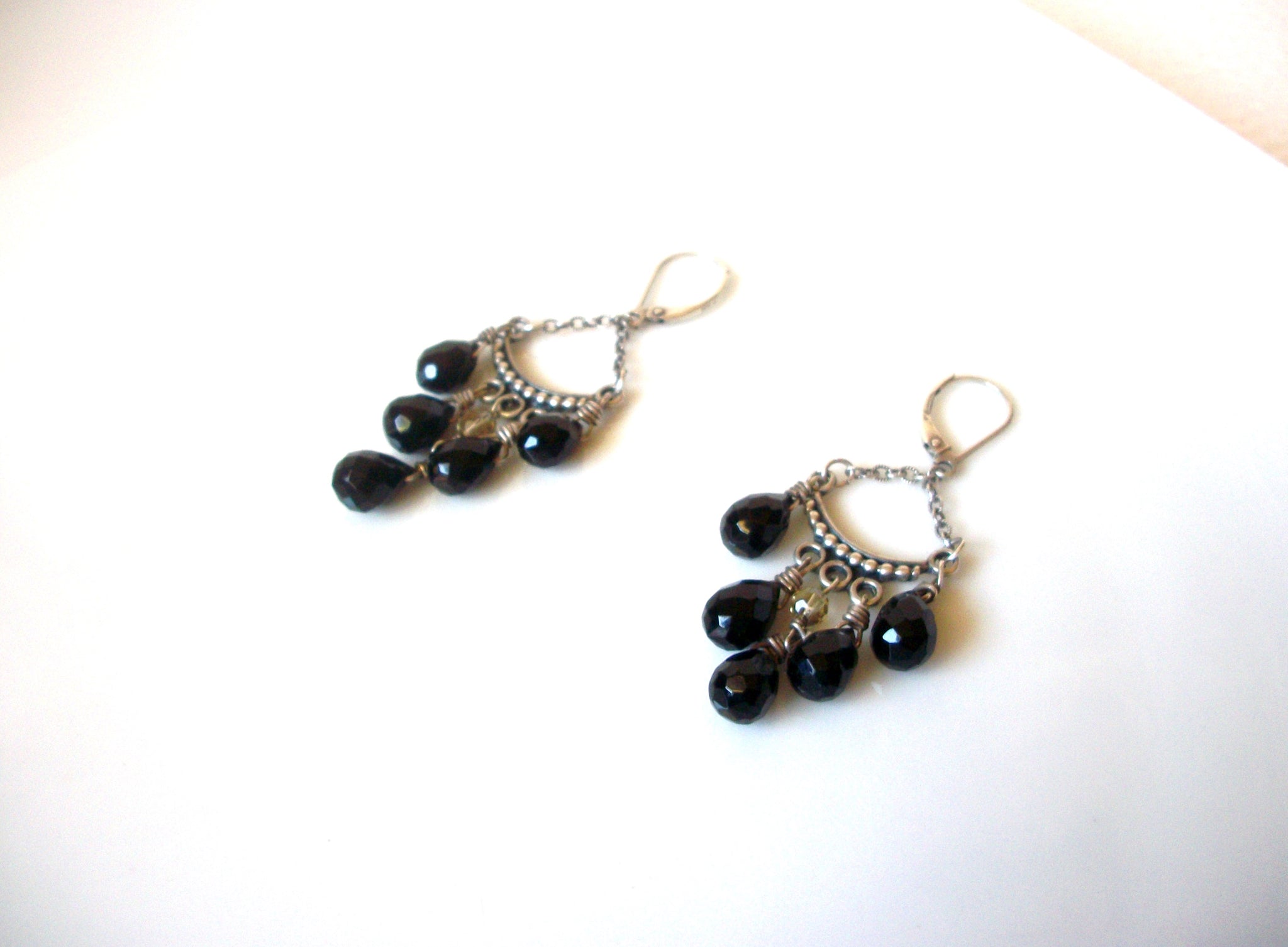 Retro Silver Toned Black Glass Dangle Earrings 81517