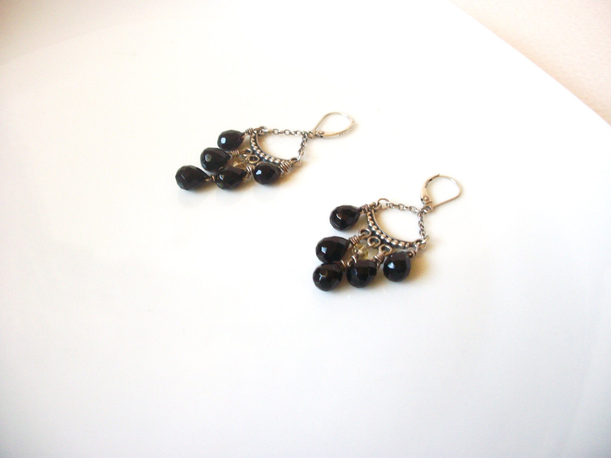 Retro Silver Toned Black Glass Dangle Earrings 81517