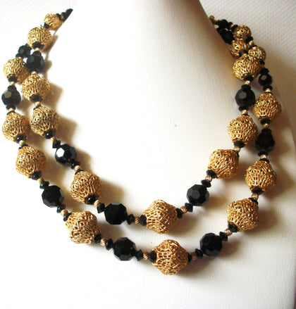 Vintage Black Czech Glass Gold Toned Damask Necklace 92816