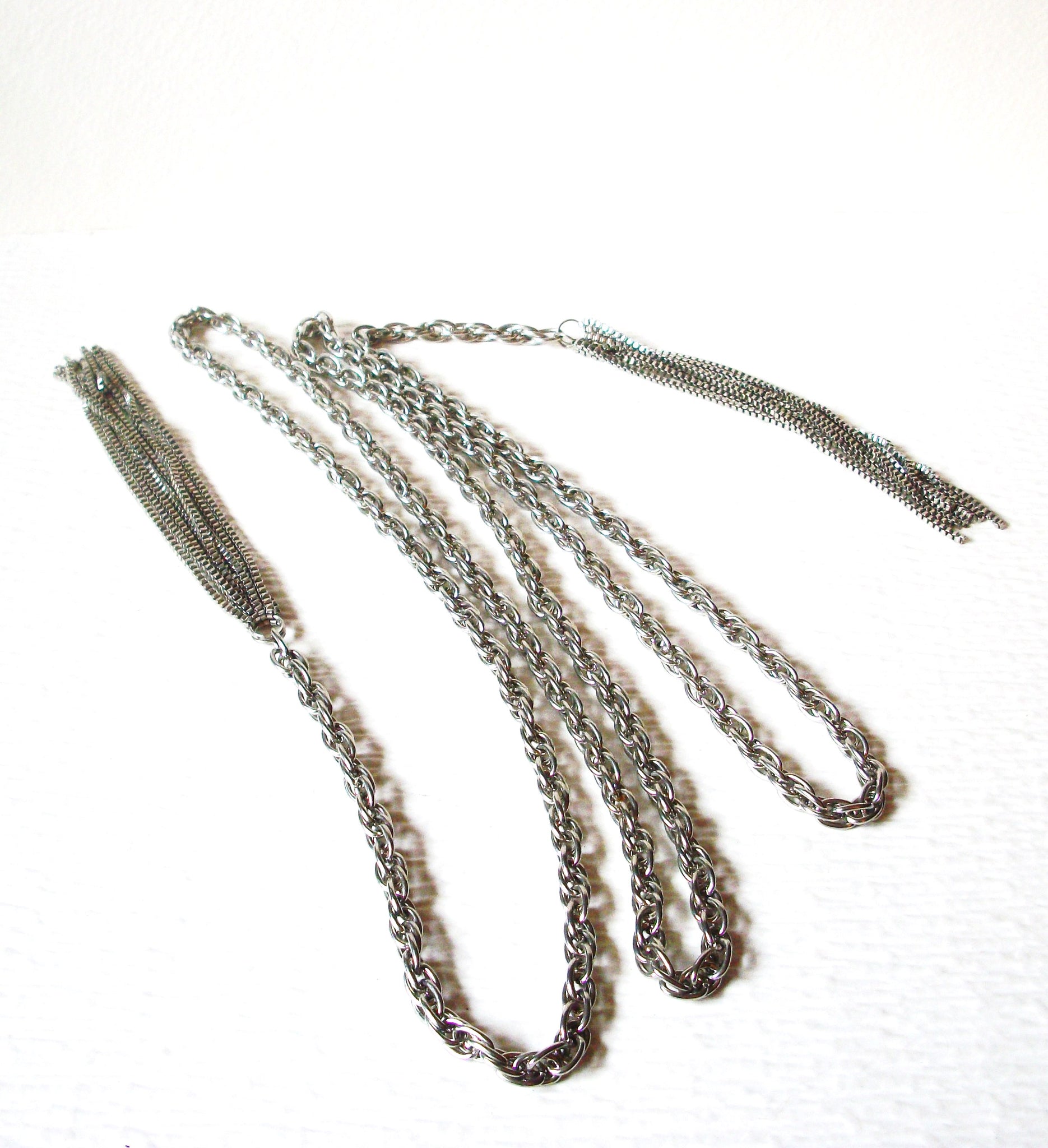 Vintage Silver Toned Links Tassel 60" Necklace 123116
