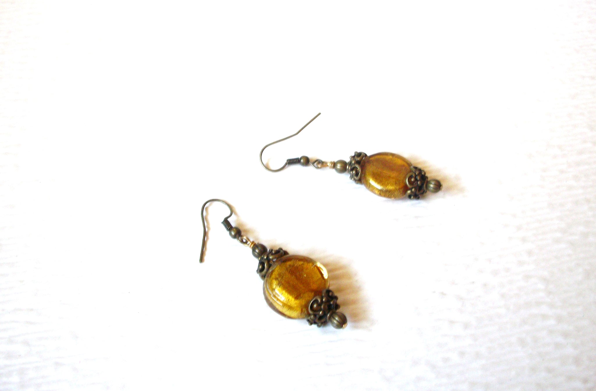 Vintage Gold Toned Foil Glass Bronze 2" Dangle Earrings 121816