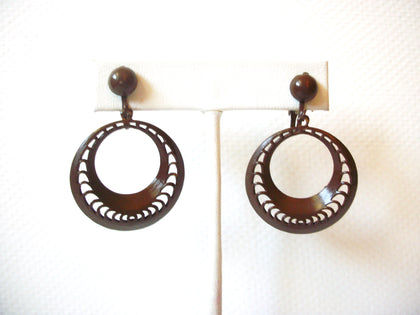 Vintage 1950s Brown Enameled Dangle Clip On Earrings 9216