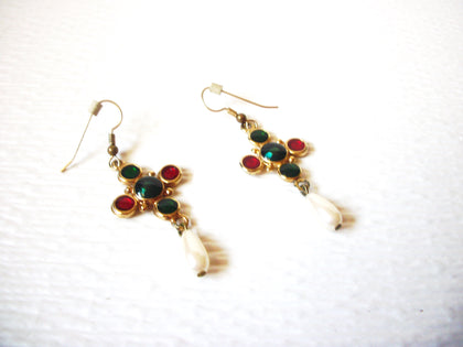 Vintage Earrings Gold Toned Faux Pearl Red Green Blue Glass Inlay 2 1/2" Long Cross Shaped On 62617
