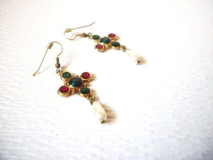 Vintage Earrings Gold Toned Faux Pearl Red Green Blue Glass Inlay 2 1/2" Long Cross Shaped On 62617