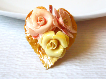 Vintage Carved Shell Roses Heart Brooch Pin 82217