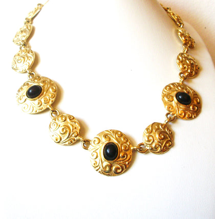 Vintage Gold Toned Black Necklace Earrings Set 123120