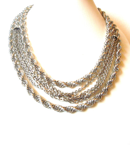 Silver Toned Twisted Chain Links Multi Strand Shorter Length Vintage Necklace 91017