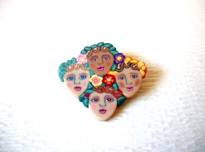 Vintage FIMO Clay Colorful Figural Girls Brooch Pin 121216