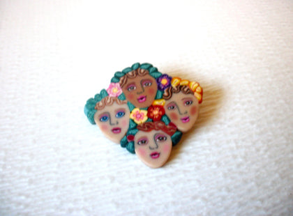 Vintage FIMO Clay Colorful Figural Girls Brooch Pin 121216