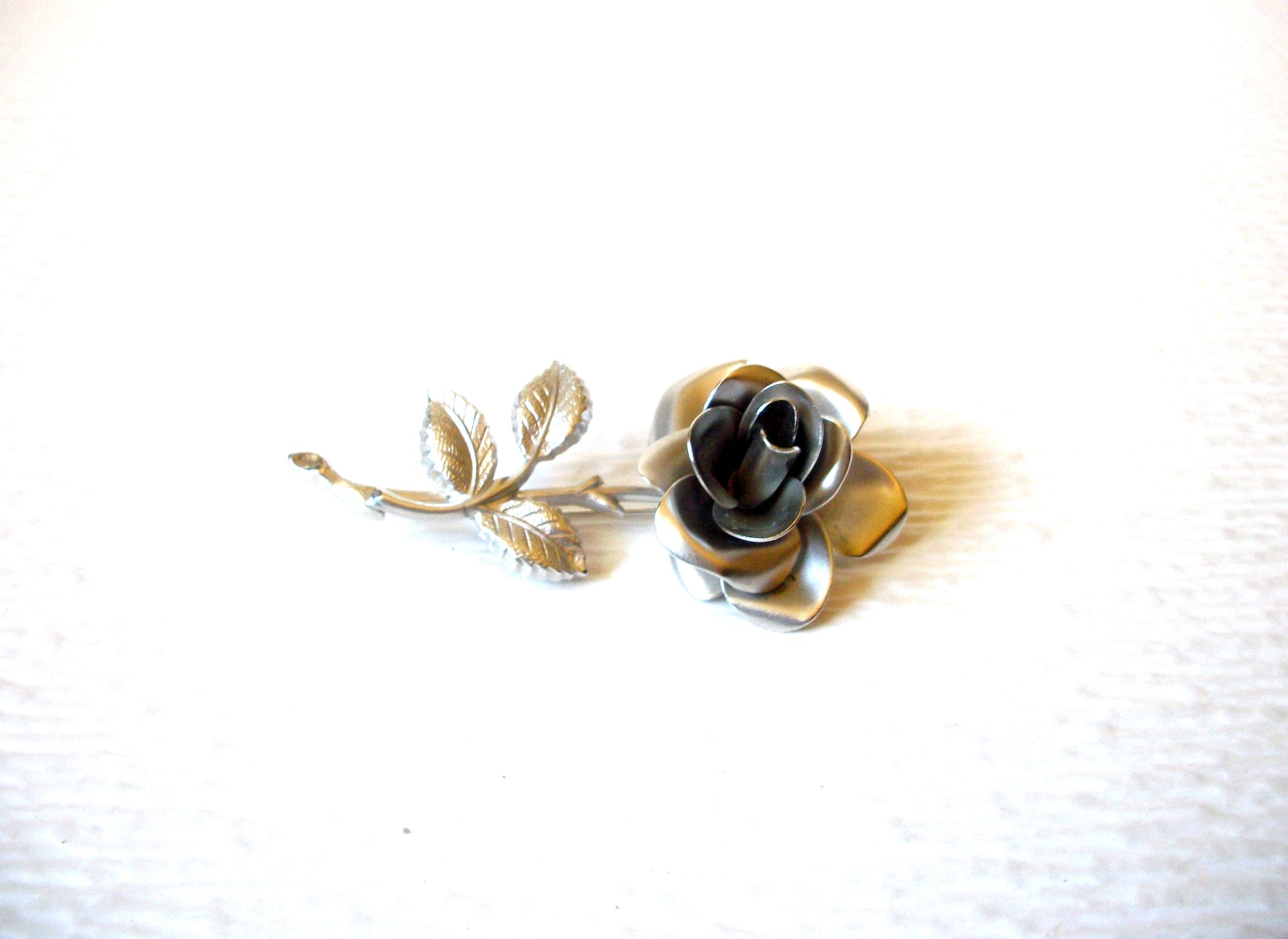 Vintage Silver Toned Blackened Rose Long Stem Brooch Pin 121216