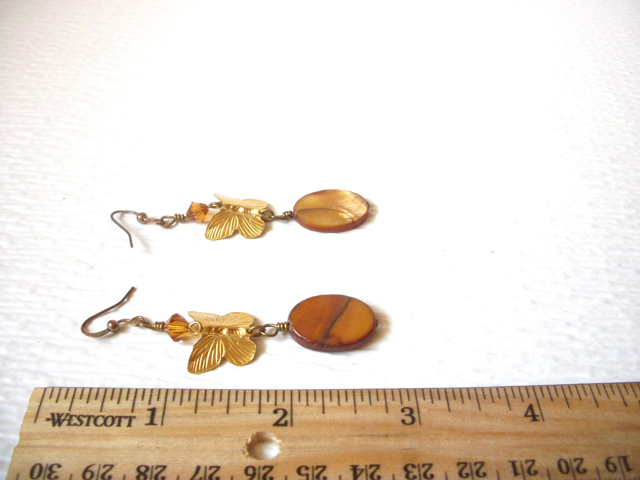 Vintage Earrings Gold Toned Butterfly Amber Honey Czech Glass Natural Shell  2 1/4" Long  62617