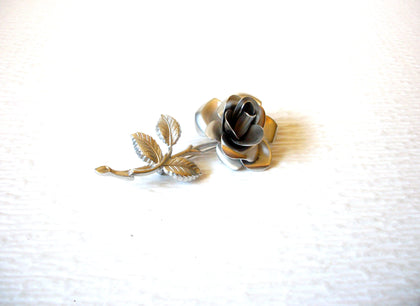 Vintage Silver Toned Blackened Rose Long Stem Brooch Pin 121216