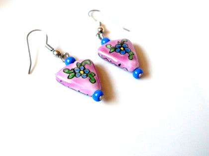 Vintage Hand Painted Colorful Flower Glass Earrings 121816