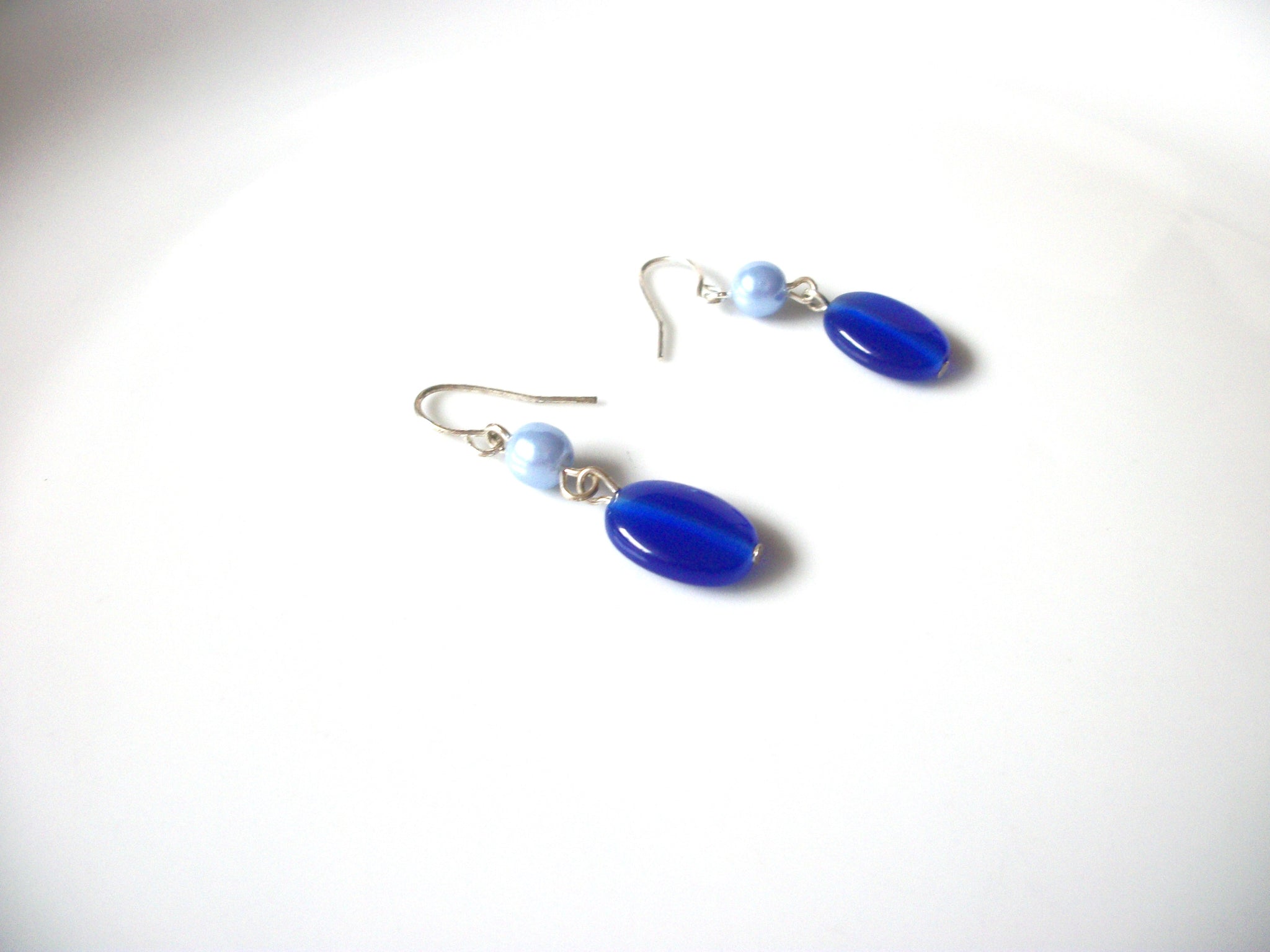 Vintage Blue Glass Pearl Dangle Earrings 123116