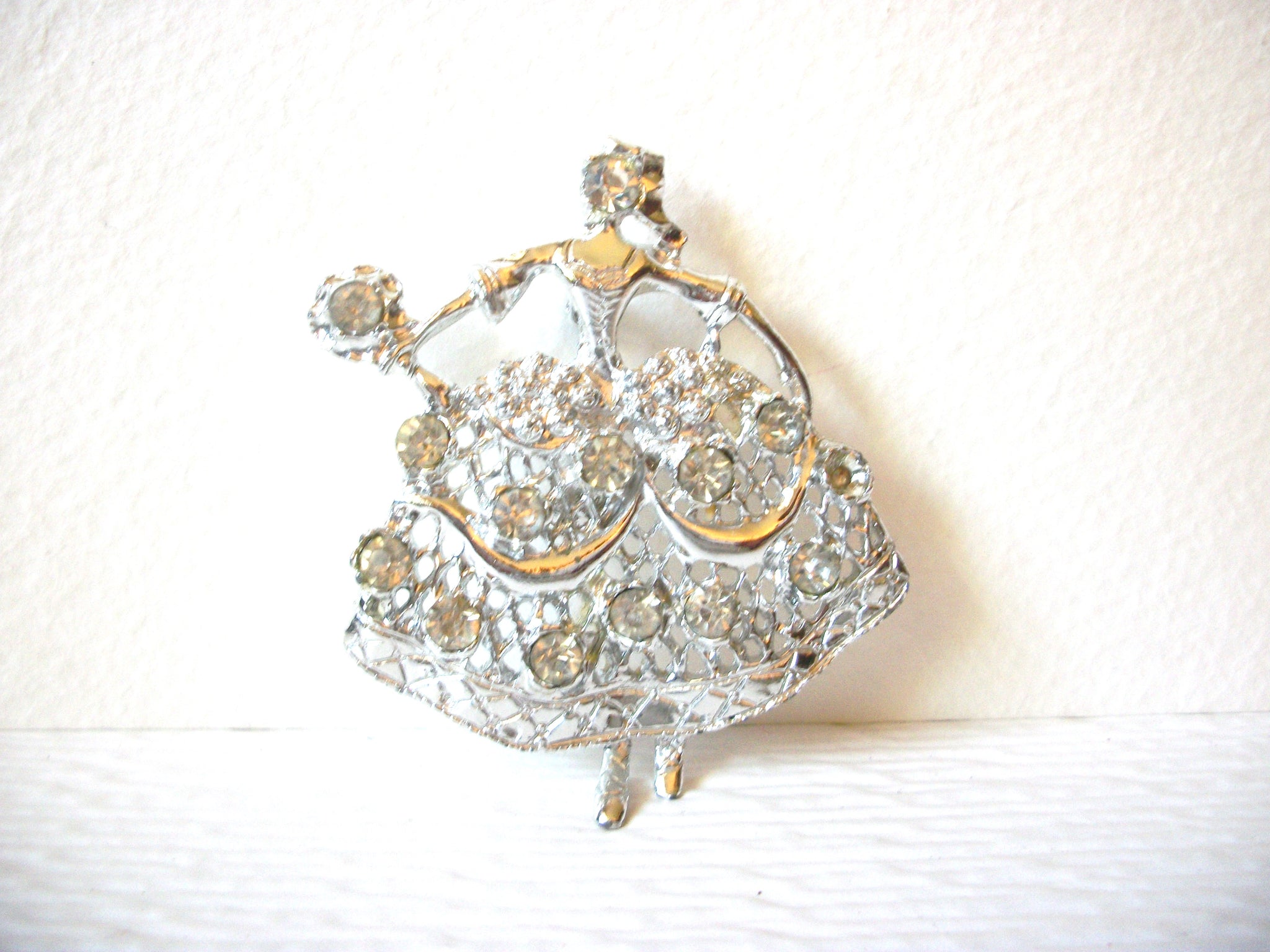 Large Vintage Silver Toned Baroque Lady Clear Rhinestone Brooch Pin 123116