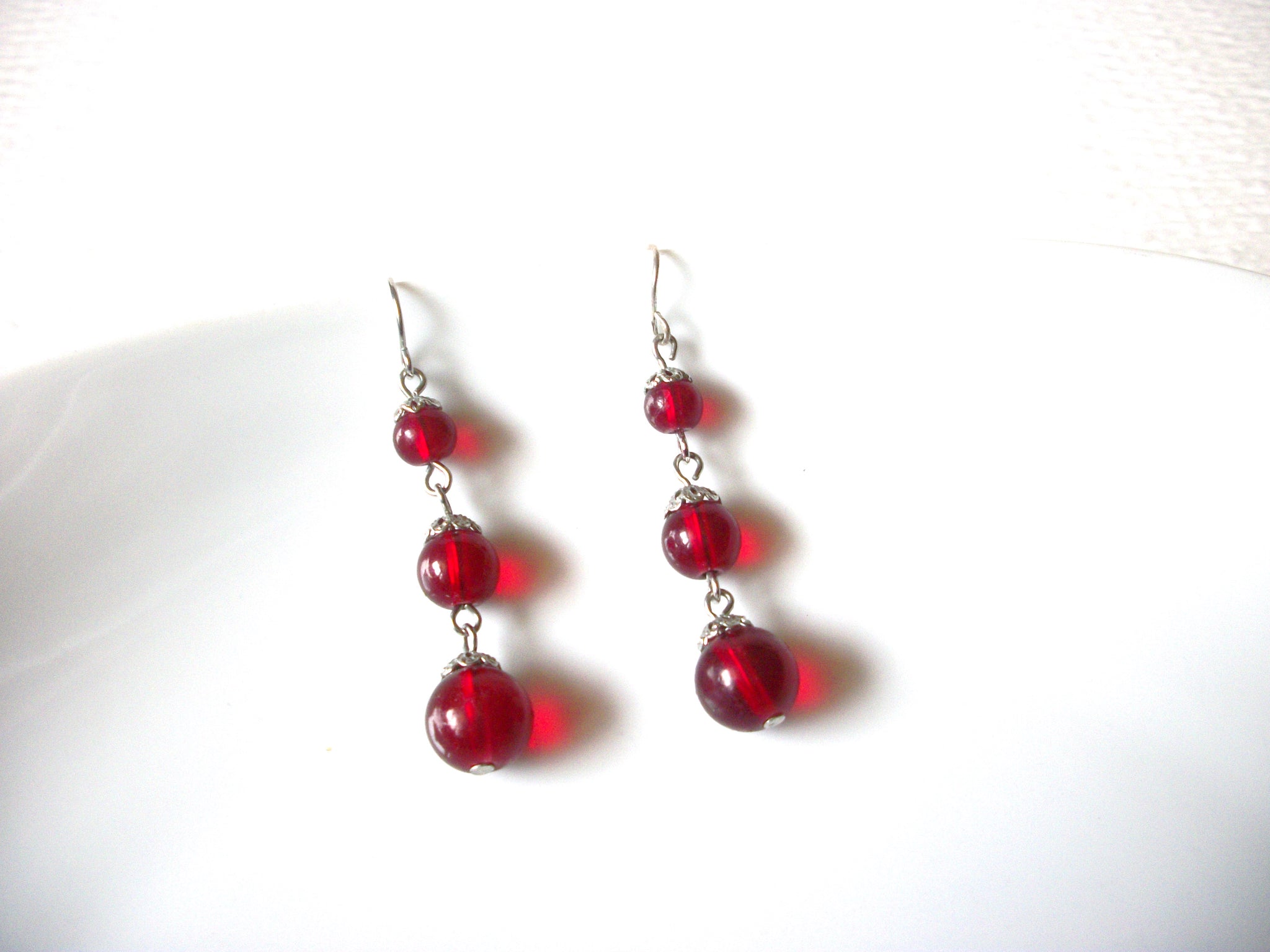 Retro Silver Red Glass 2" Dangle Earrings 92816