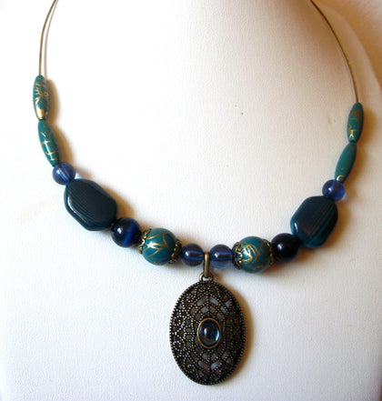 Romantic Vintage NWT Blue Teal Green Gold Toned Filigree Pendant Necklace 91617