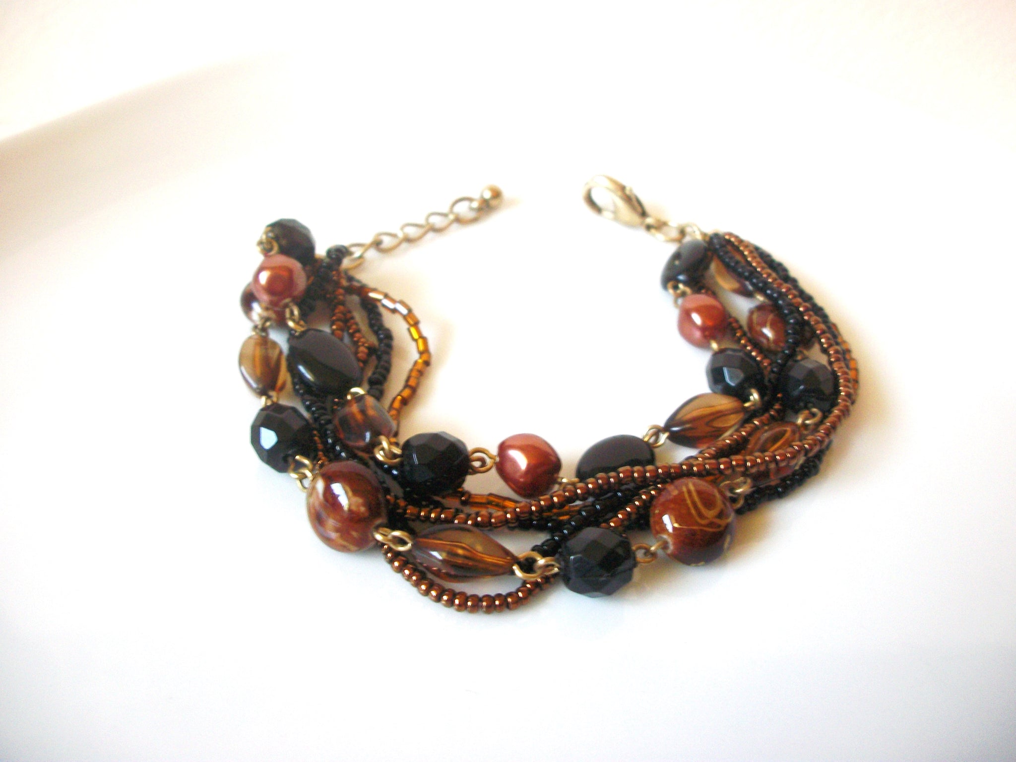 Vintage Black Copper Brown Glass Acrylic Beads 8" Bracelet 82217