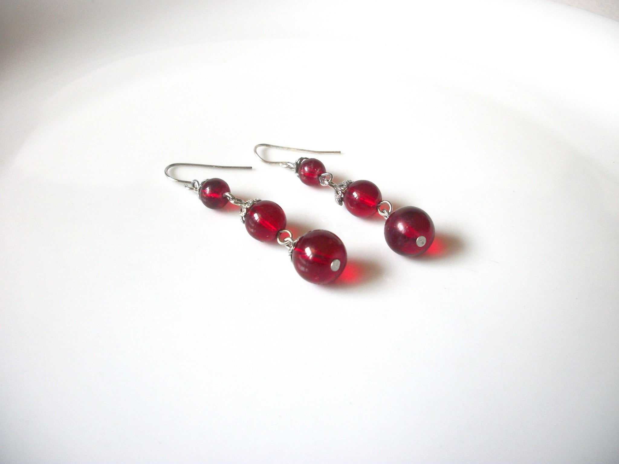 Retro Silver Red Glass 2" Dangle Earrings 92816