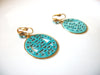 Vintage Gold Toned Turquoise Blue Enameled Dangle Clip On Earrings 9216