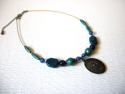 Romantic Vintage NWT Blue Teal Green Gold Toned Filigree Pendant Necklace 91617