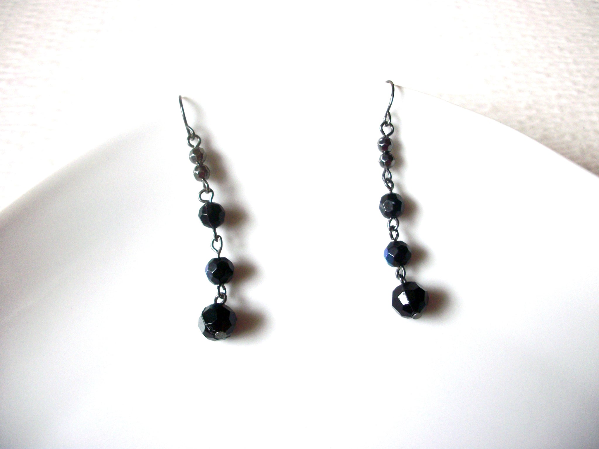 Vintage Black Czech Glass Dangle Earrings 123116