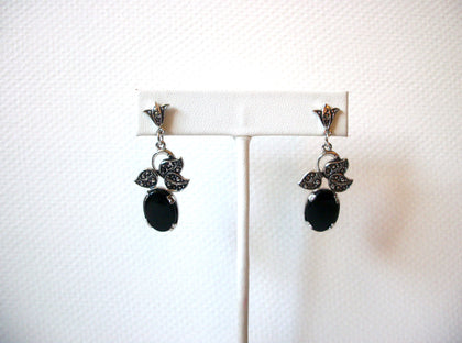 Retro Silver Toned Black Faux Onyx Dangle Earrings 71917