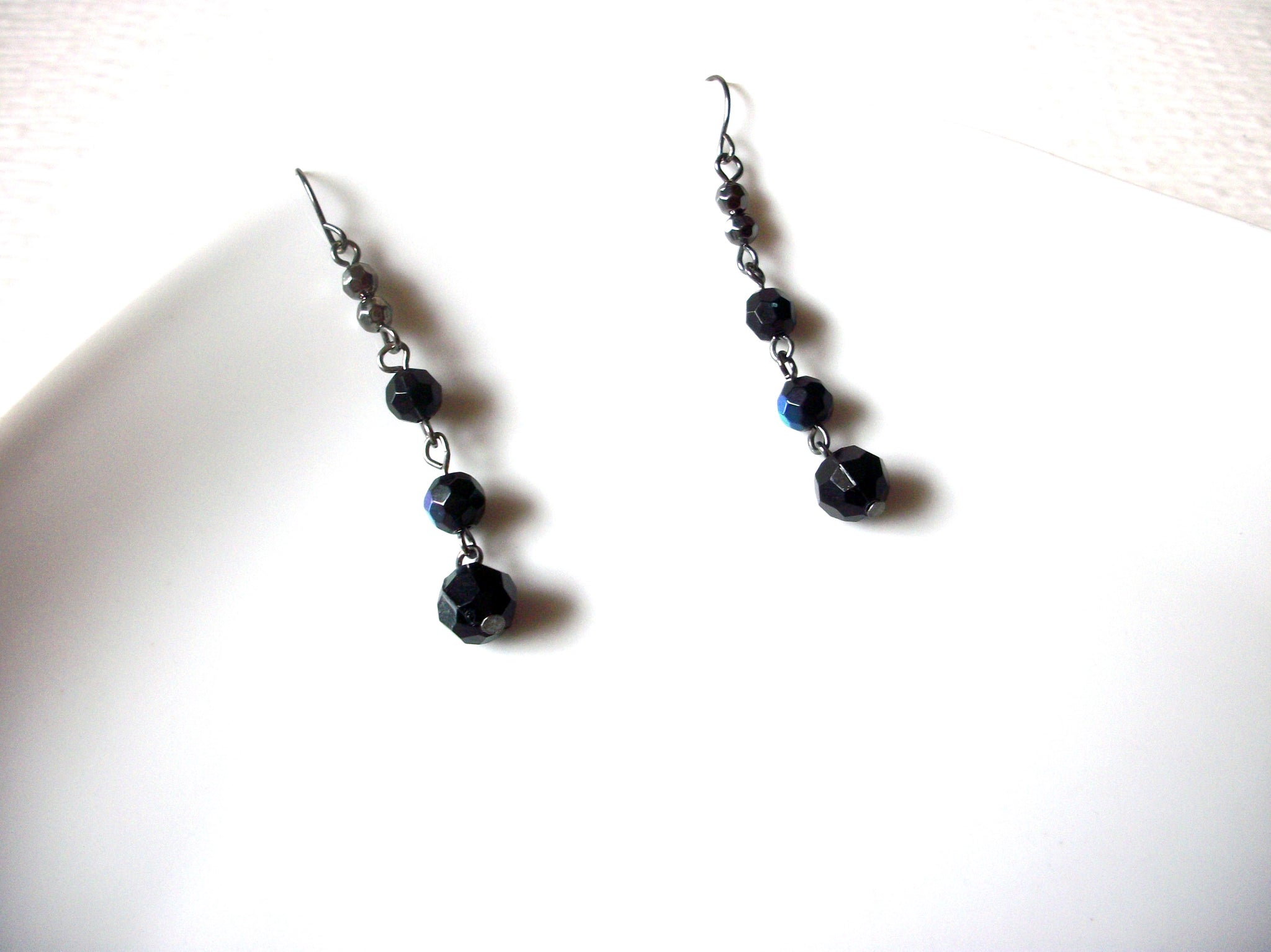 Vintage Black Czech Glass Dangle Earrings 123116