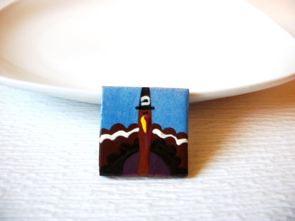 Vintage Pottery Tile Turkey Brooch Pin 121216