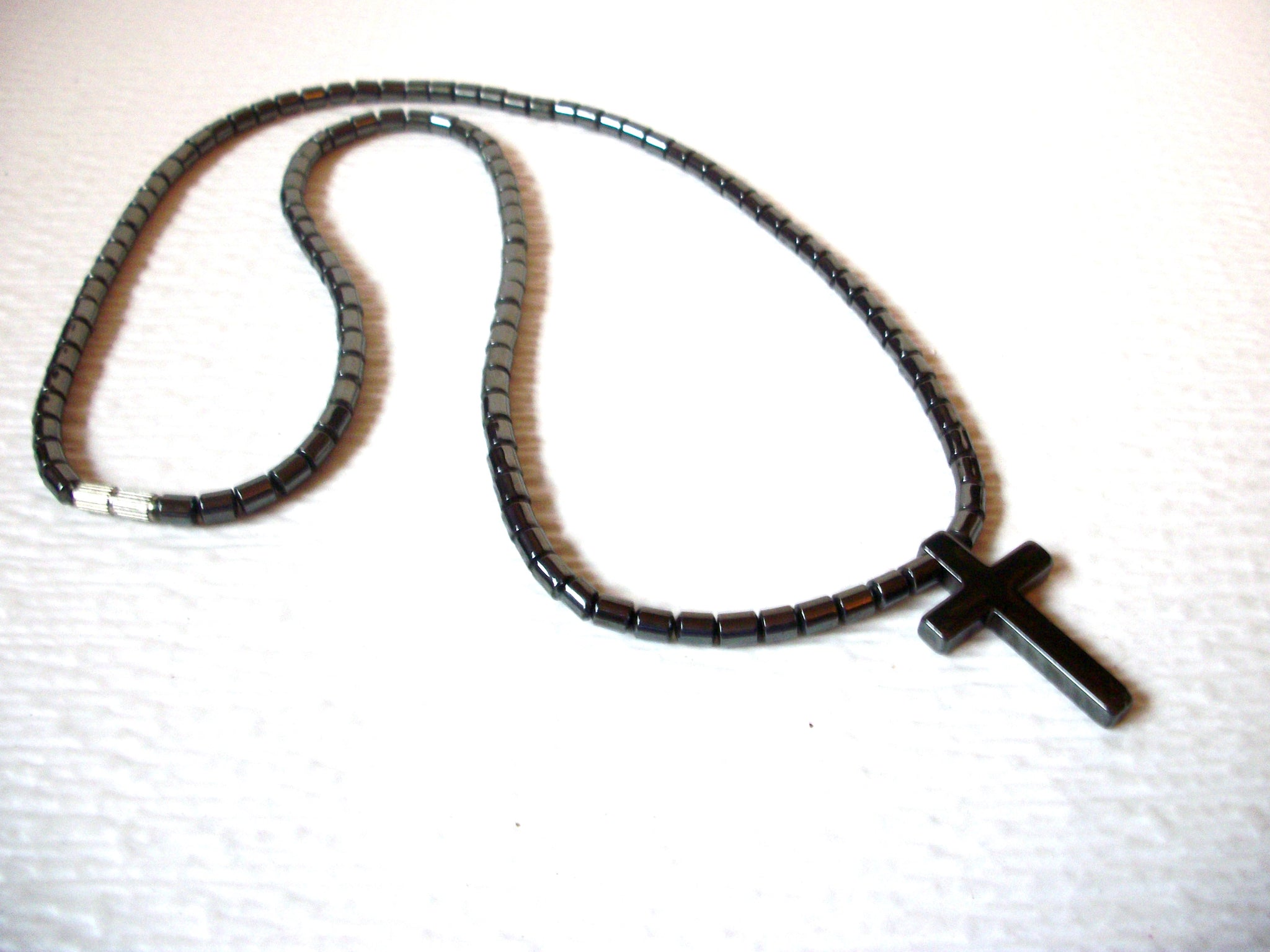 Vintage Necklace Semi Precious Hematite Cross 23 1/4" 30417