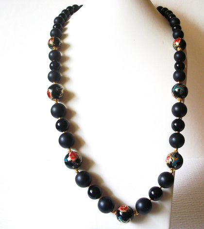 RARE JAPAN Black Gold Toned Cloisonne Flower 1950s Vintage Necklace 91017