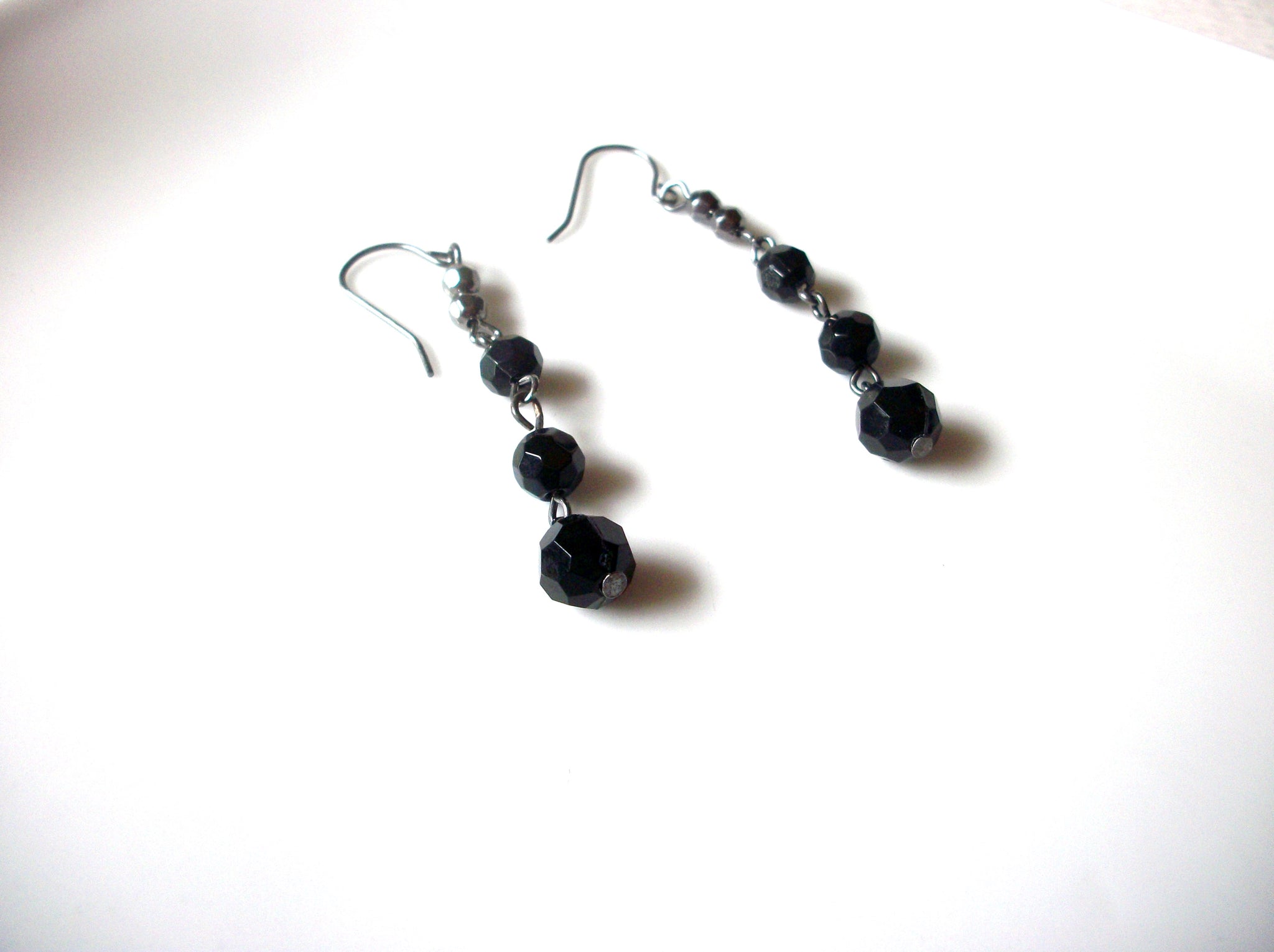 Vintage Black Czech Glass Dangle Earrings 123116