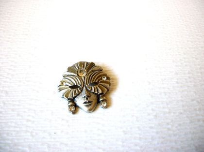 Vintage Lady In Mask Clear Rhinestone Distressed Metal Brooch Pin 121216