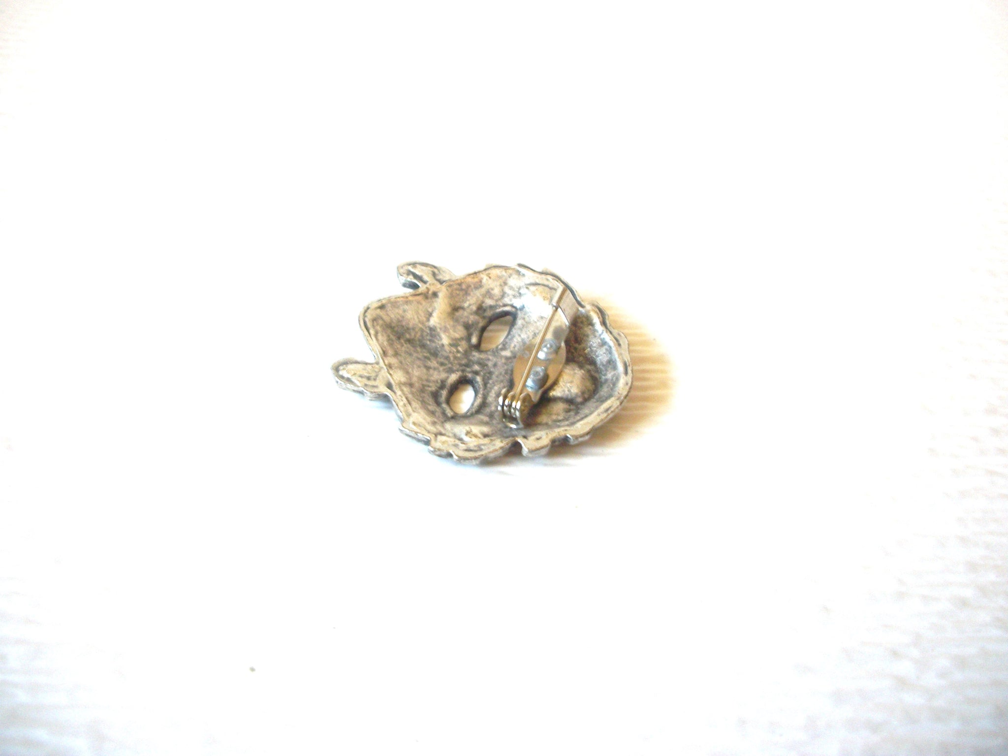 Vintage Lady In Mask Clear Rhinestone Distressed Metal Brooch Pin 121216