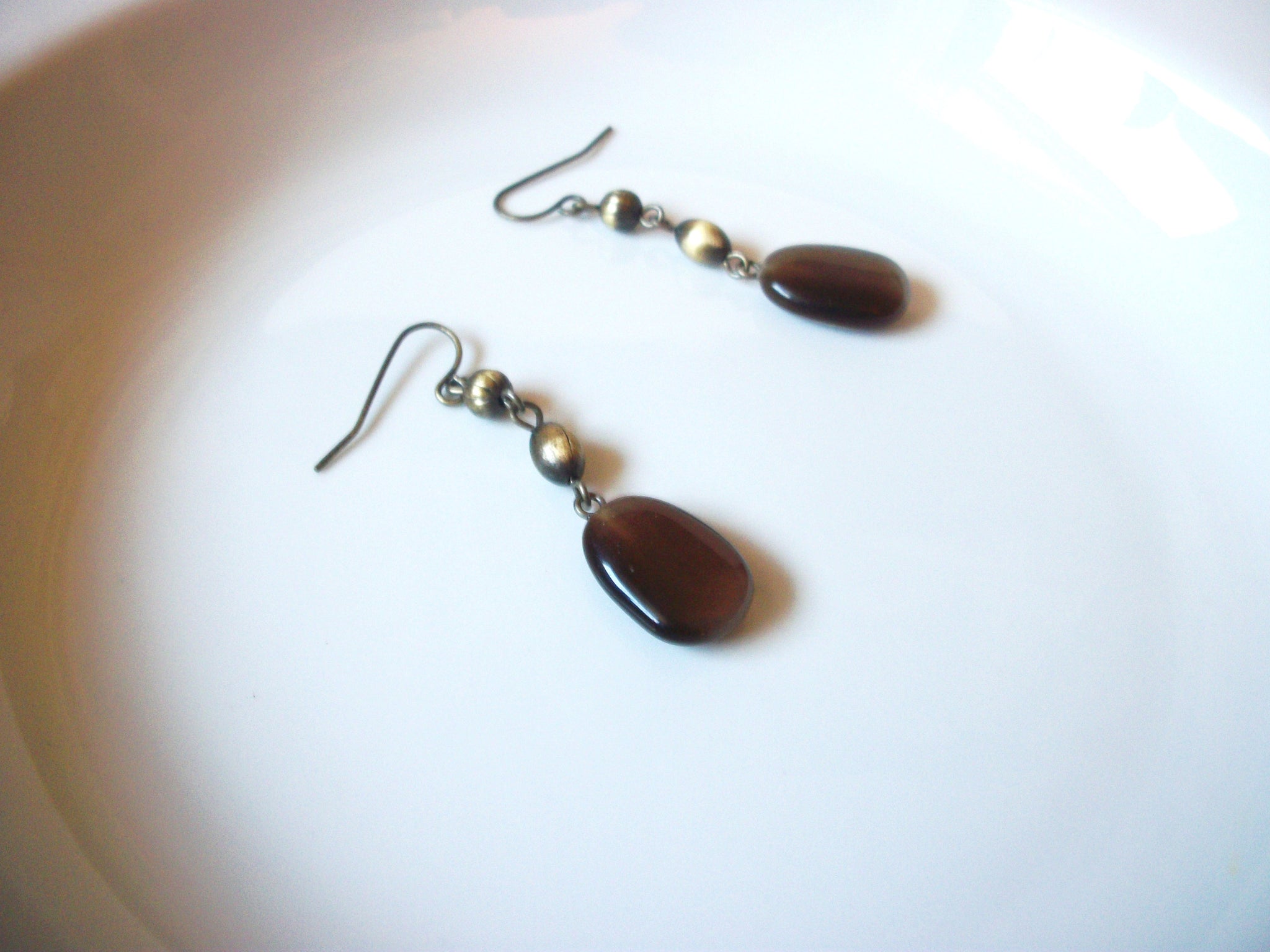 Long 2" Vintage Brown Glass Earrings 121816