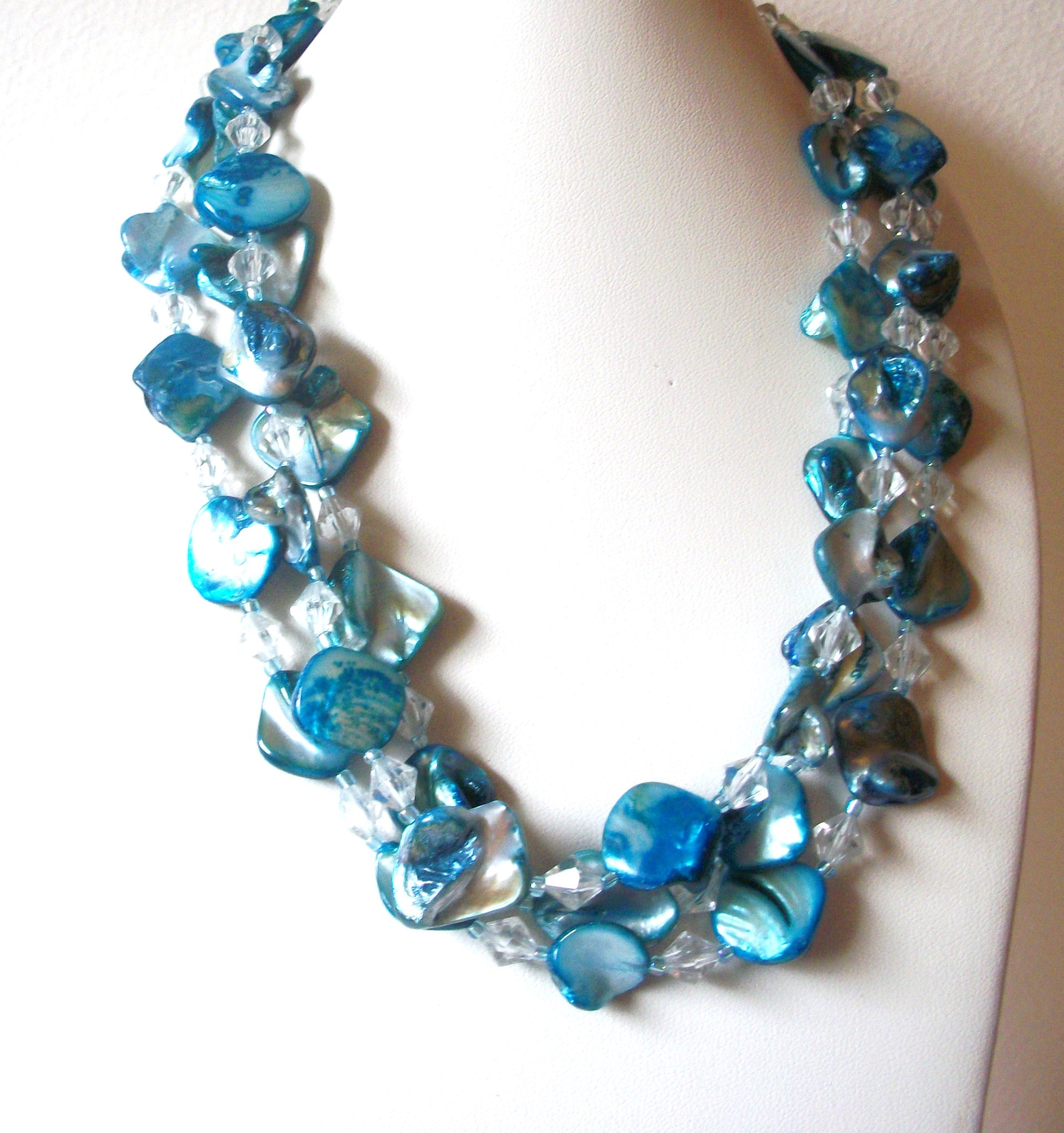 Vintage Shell Dyed Blue Clear Glass Necklace 123016