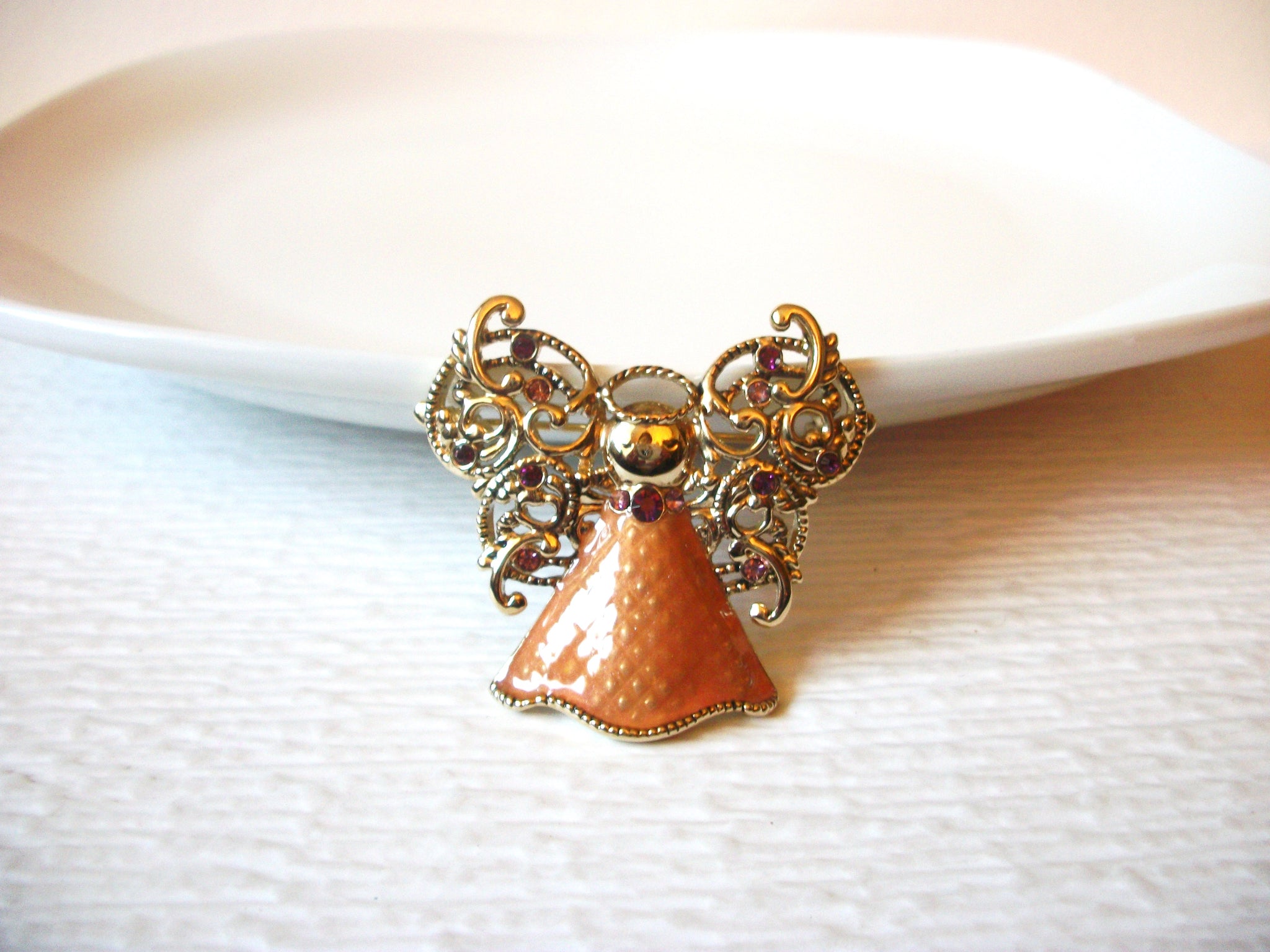 Vintage Filigree Rhinestone Angel Brooch Pin 121216