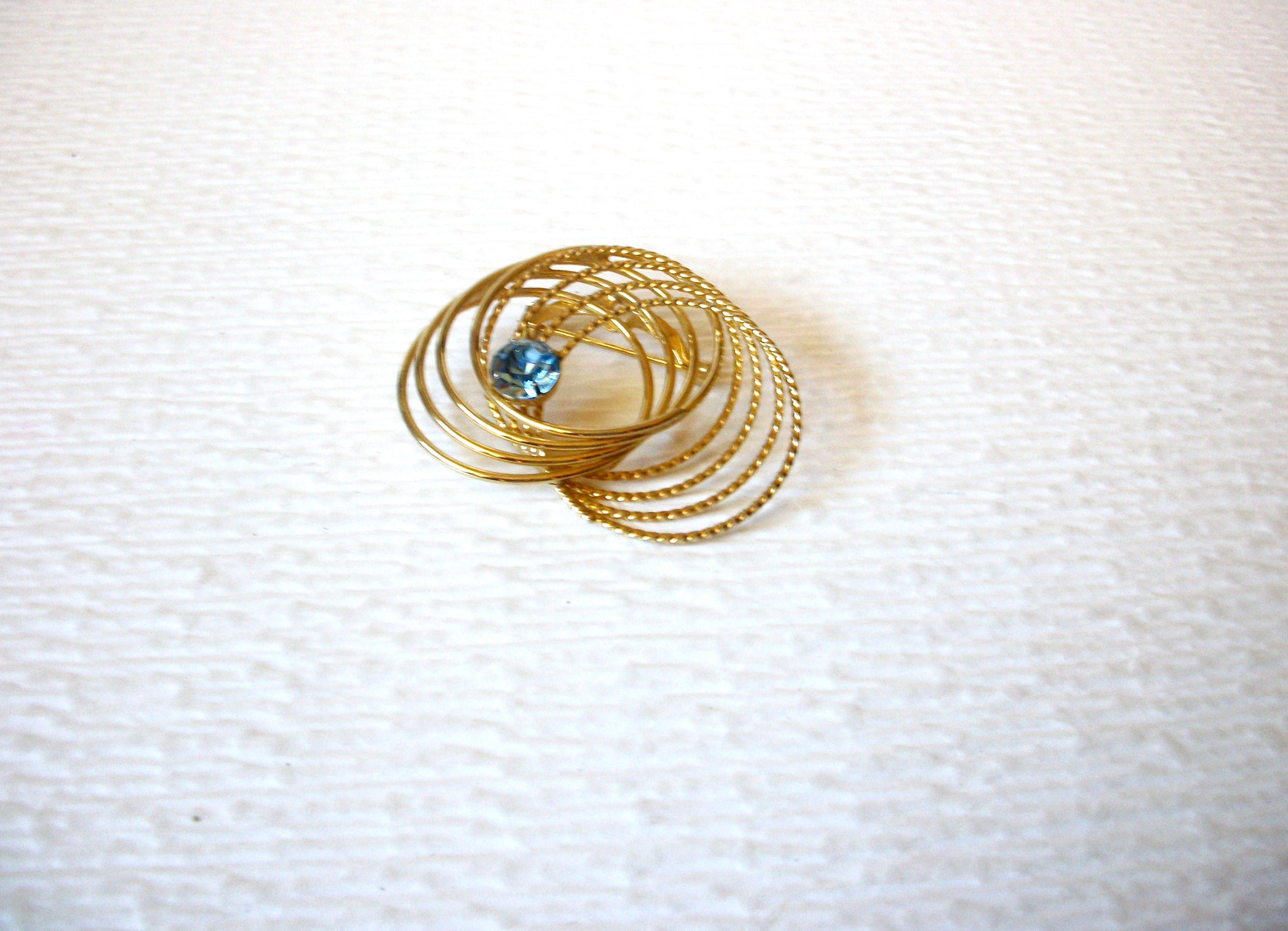 Vintage Gold Toned Blue Rhinestone Brooch Pin 121216