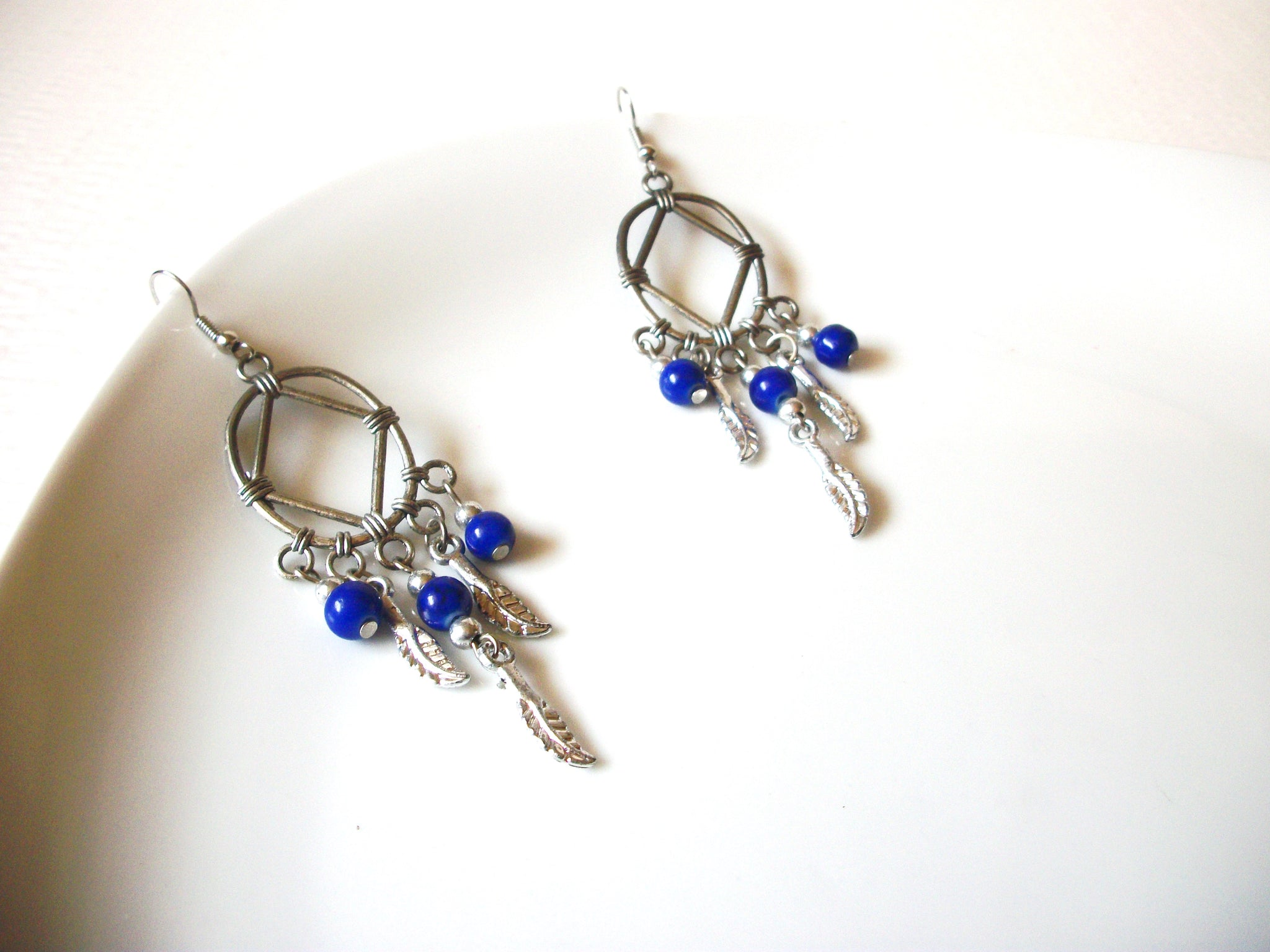 Vintage Southwestern Theme Cobalt Blue Glass Earrings 82017