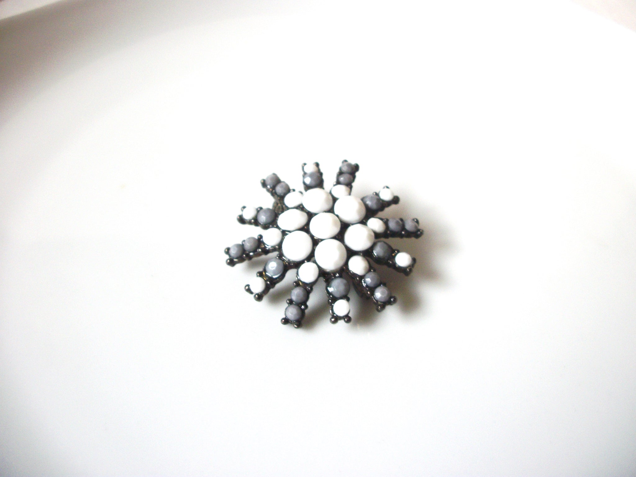 Vintage Dark Metal White Gray Snowflake Brooch 30717