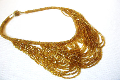 Vintage 1950s Gold Toned Micro Glass Beads Swag Necklace 60116