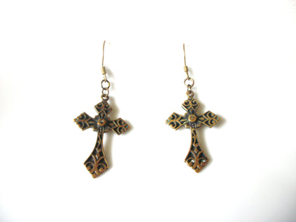 Vintage 1950s Oxidized BRASS Cross Earrings 92816