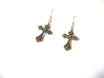 Vintage 1950s Oxidized BRASS Cross Earrings 92816
